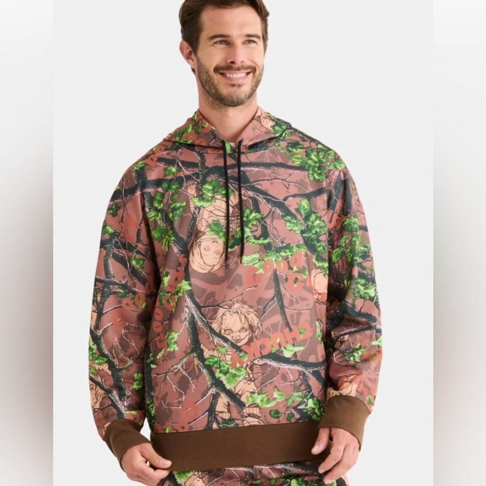 New Chucky in Camo Graphic Fleece Hoodie Sweatshirt brown & green size medium